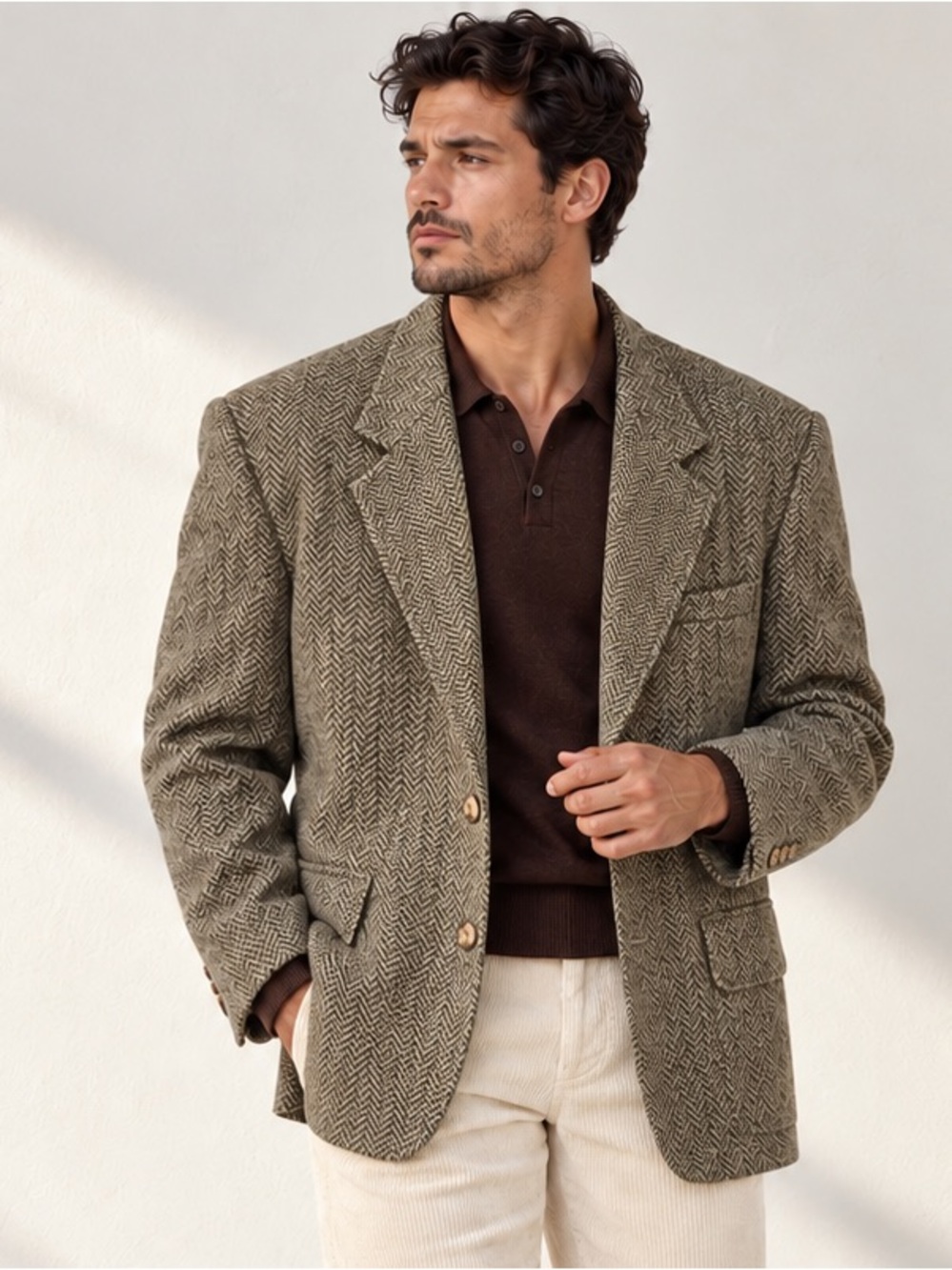 Vintage Stratos Olive Brown Herringbone Wool Blazer Italy Est. US 44R